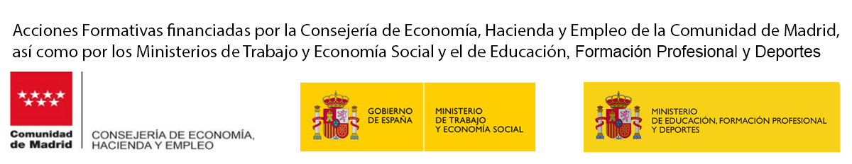 Sello de los cursos formativos gratuitos de la Comunidad de Madrid, Ministerio de trabajo y economia social y Ministerio de educación, formación profesional y deportes.